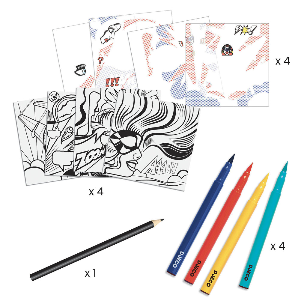 Djeco Superheroes Transfer and Colouring Kit  - Inspired by Roy Lichtenstein.  DJ09376